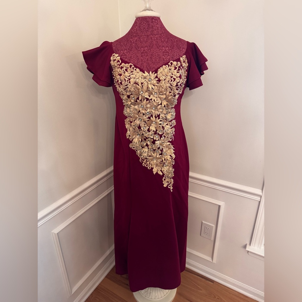 Modern Filipiniana Burgundy Maxi Dress with Gold Floral Appliqué